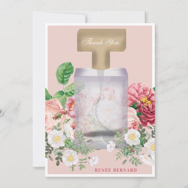 Carte De Remerciements Flacon de parfum rose pastel Fleurs Mariage (Devant)