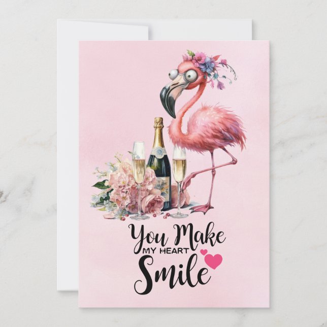 Carte De Remerciements Flamant rose Drôle Face avec Champagne pour la fêt (Devant)