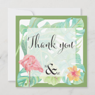 Carte De Remerciements Flamant rose, Feuilles et fleurs tropicales pour m