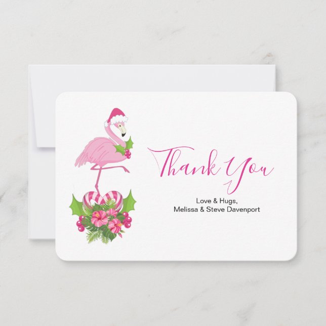 Carte De Remerciements Flamant rose rose à Santa Hat Noël Whimsical (Devant)