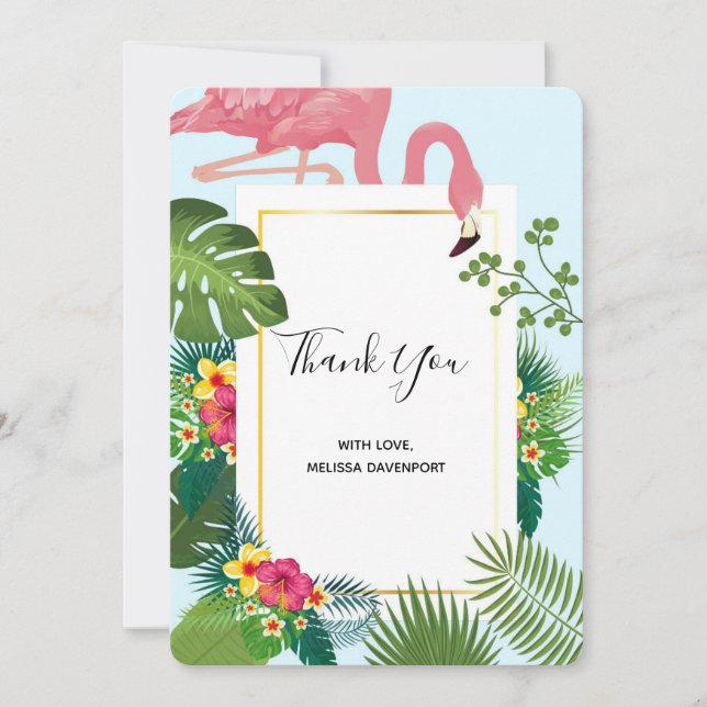 Carte De Remerciements Flamant rose rose élégant et Feuilles tropicaux (Devant)