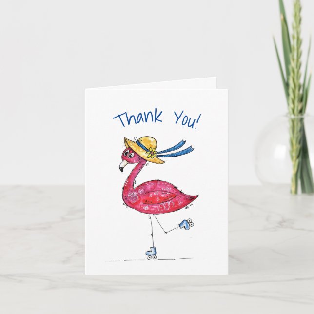 Carte De Remerciements Flamant rose rose mignon et capricieux sur les pat (Devant)
