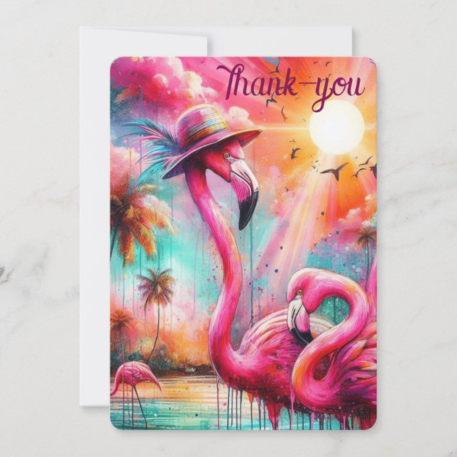 Carte De Remerciements Flamants roses roses tropicaux Palmiers Flamant ro (Devant)