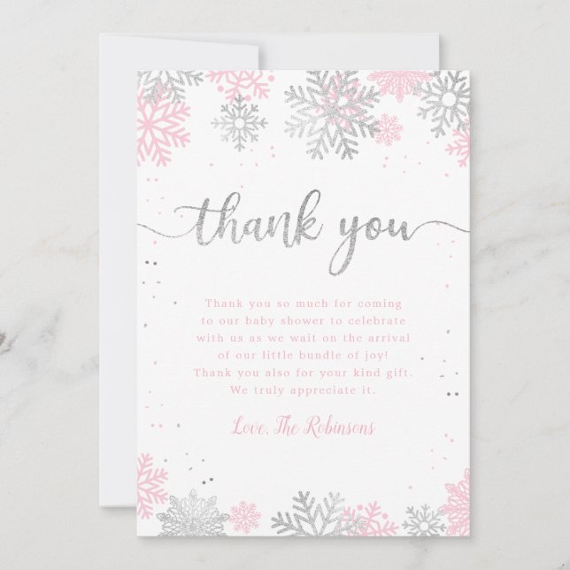 Carte De Remerciements Flammes De Neige D'Hiver Baby shower Fille Rose Et (Devant)