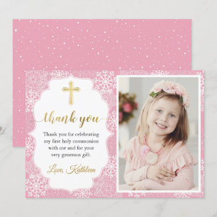 Carte De Remerciements Flammes de neige d'hiver Fille rose première commu
