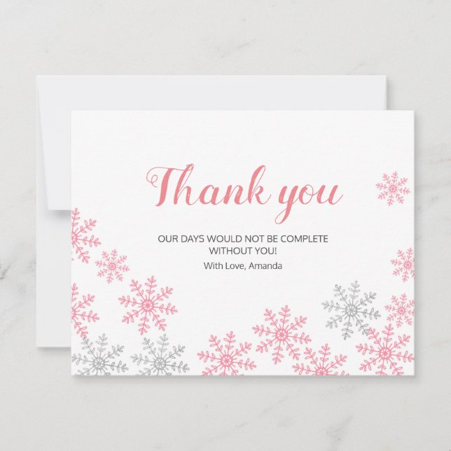 Carte De Remerciements Flammes de neige d'hiver rose en argent (Devant)