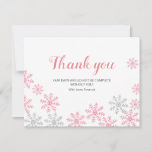 Carte De Remerciements Flammes de neige d'hiver rose en argent