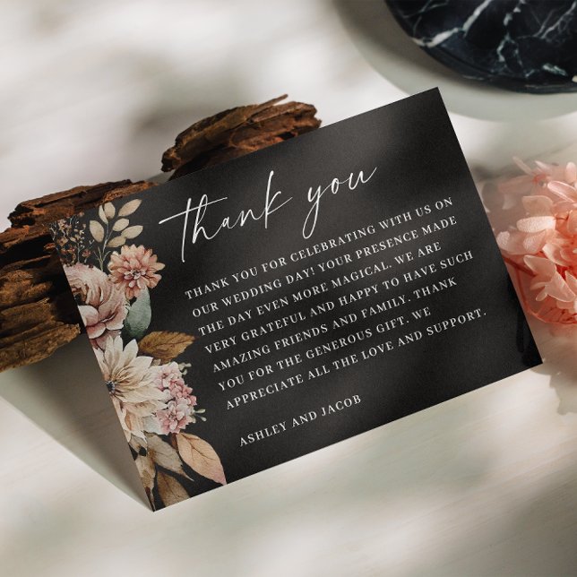 Carte De Remerciements Fleur d'automne noire | Boho Fall Floral Mariage (Créateur téléchargé)