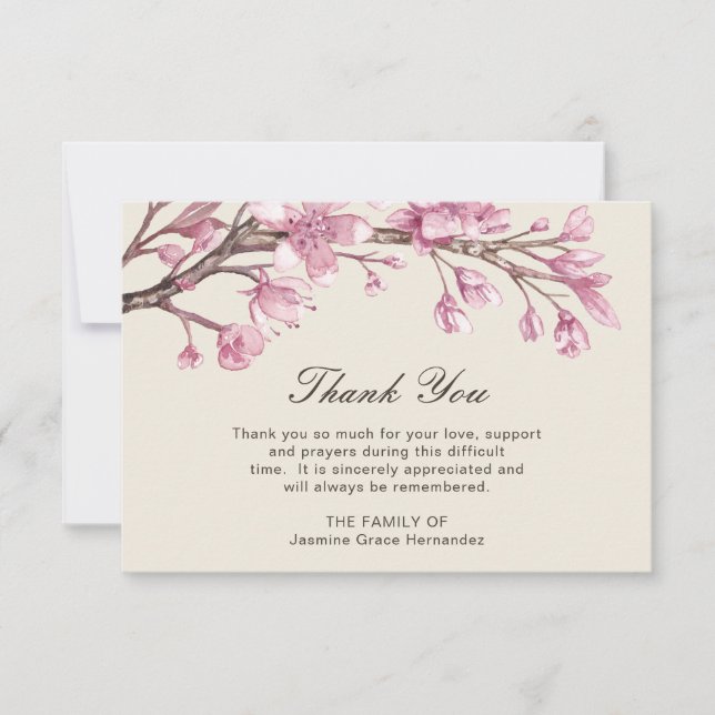 Carte De Remerciements Fleur de cerisier rose Élégante Sympathie funérair (Devant)
