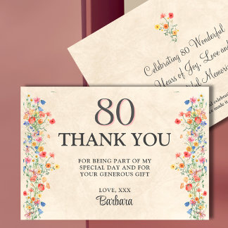 Carte De Remerciements Fleur élégante 80 ans Fête Florale 80e anniversair