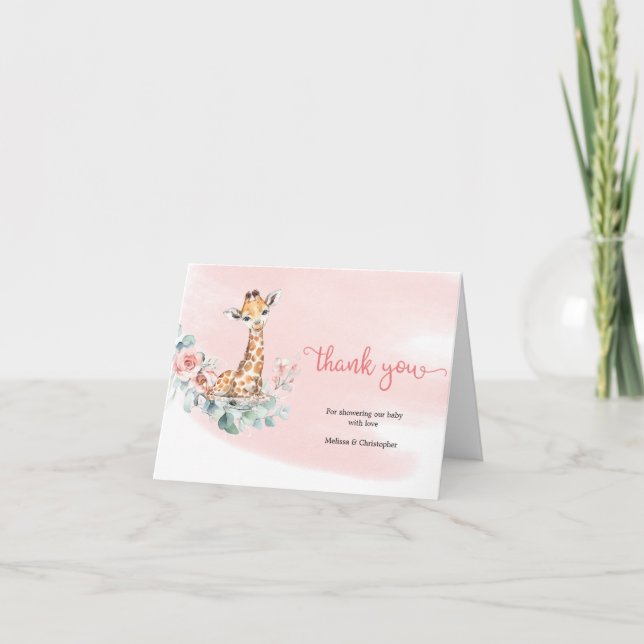 Carte De Remerciements Fleur florale floue petite girafe eucalyptus couro (Devant)