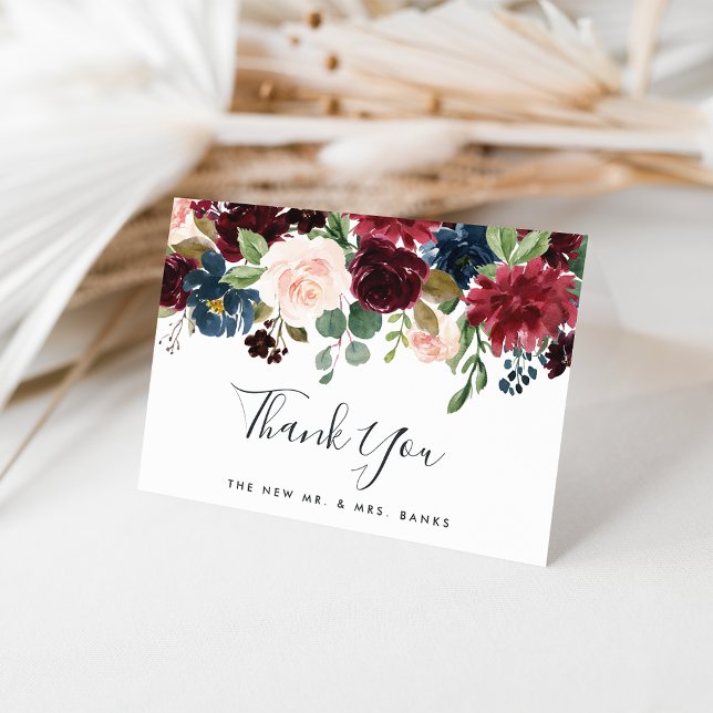 Carte De Remerciements Fleur radieuse | Floral d'aquarelle marine et bour (Créateur téléchargé)