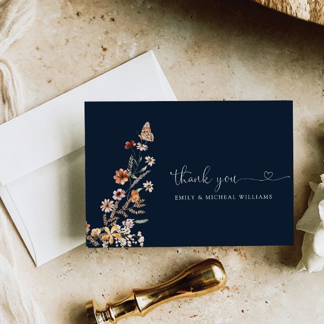 Carte De Remerciements Fleur sauvage bleu bleu mince Mariage plat (Créateur téléchargé)