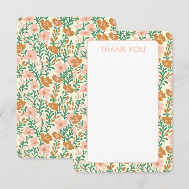 Carte De Remerciements Fleur Sauvage Blooms Floraux Élégants Rose Vert Pe (Devant / Derrière)