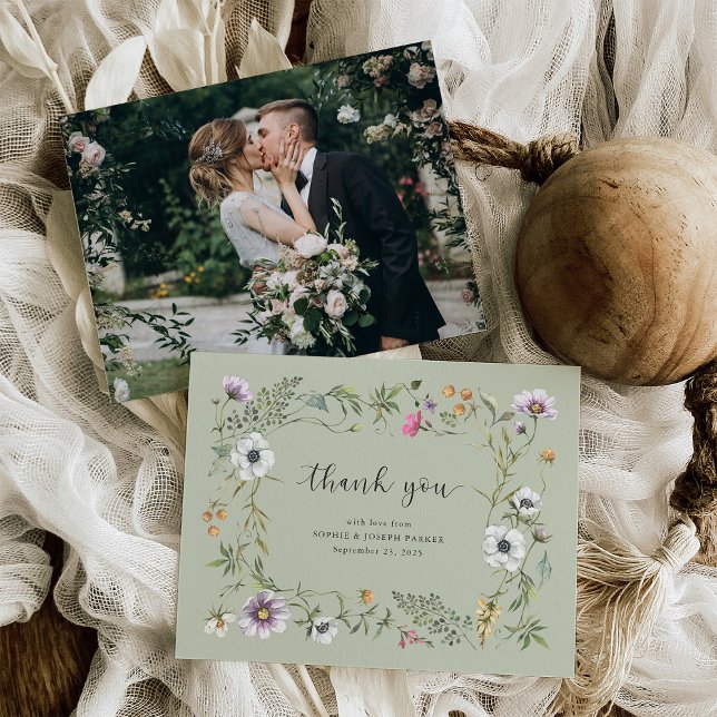 Carte De Remerciements Fleur sauvage botanique | Photo Mariage vert doux (Créateur téléchargé)