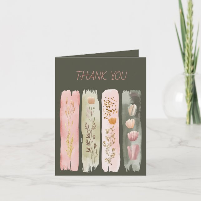 Carte De Remerciements Fleur sauvage Brushstrokies Sage rose vert (Devant)