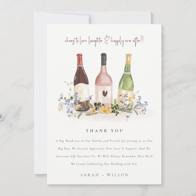Carte De Remerciements Fleur sauvage Cheers to Love Wine Bottts Mariage (Devant)