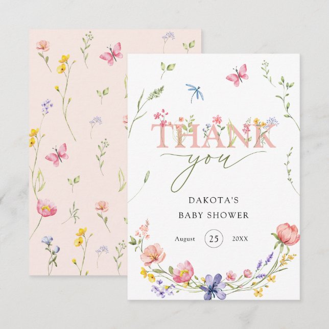 Carte De Remerciements Fleur sauvage d'aquarelle bébé en fleur Bienvenue (Devant / Derrière)