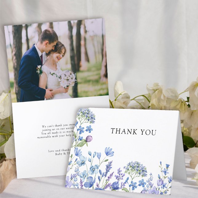 Carte De Remerciements Fleur sauvage Periwinkle Floral Mariage Photo (Wedding Photo Thank You Card from my Lilac + Periwinkle Wildflower Wedding Collection)