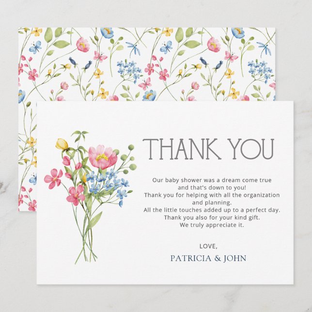 Carte De Remerciements Fleur sauvage Printemps Été Joli Baby shower (Devant / Derrière)
