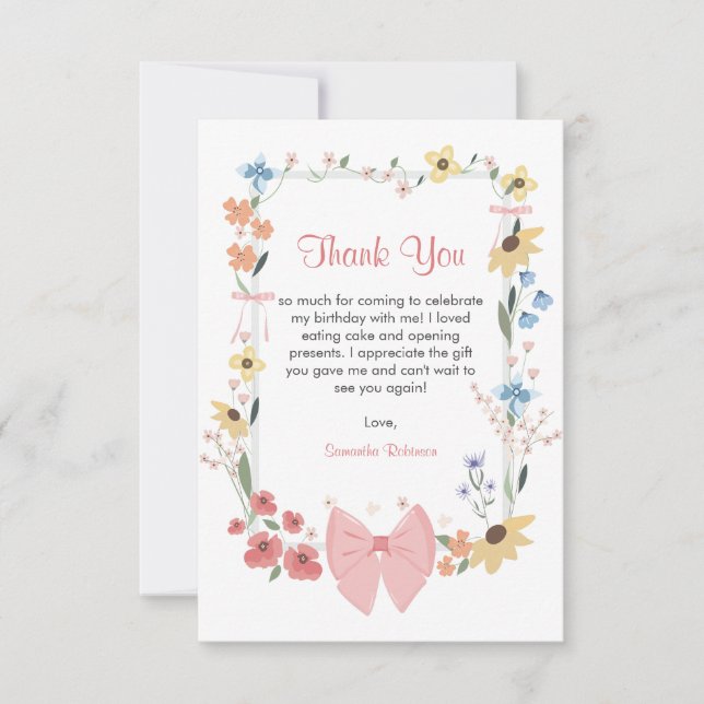 Carte De Remerciements Fleur sauvage rose Bow 1er anniversaire (Devant)