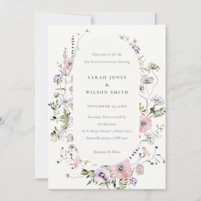Carte De Remerciements Fleur sauvage rose Lilac Cadre Vow Renouvellement  (Devant)