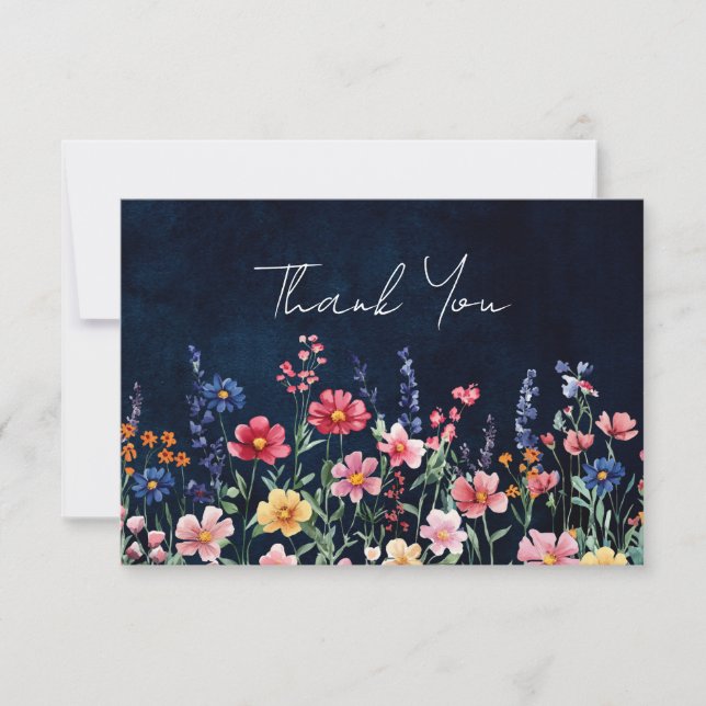 Carte De Remerciements Fleur sauvage Rustique Pays Boho Floral Marine Mar (Devant)
