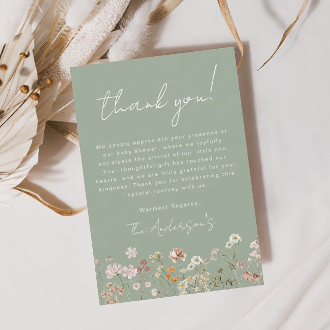 Carte De Remerciements Fleur sauvage Sage Green Baby dans le Baby shower  (Créateur téléchargé)