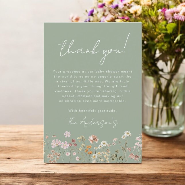 Carte De Remerciements Fleur sauvage Sage Green Baby dans le Baby shower  (Créateur téléchargé)