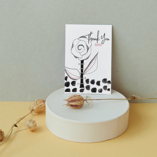 Carte De Remerciements Fleur Whimsical Blanc Noir modifiable (Créateur téléchargé)