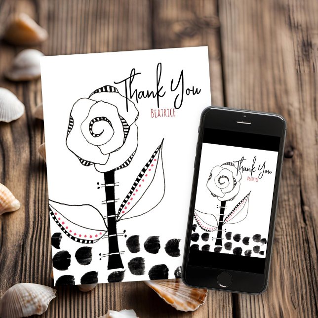 Carte De Remerciements Fleur Whimsical Blanc Noir modifiable (Pen and Ink Black White thank You Card)