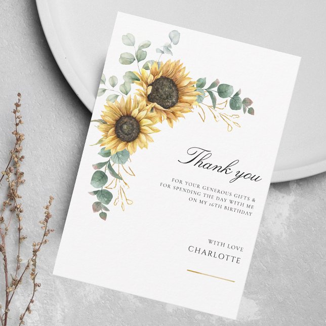 Carte De Remerciements Fleuron floral Vert 16e anniversaire (Floral Sunflower Eucalyptus Birthday Thank You Card)