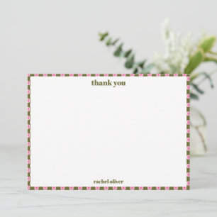Carte De Remerciements Fleurs à carreaux prépa rose et vert personnalisée
