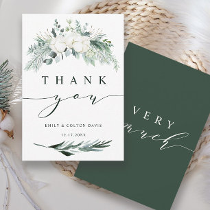 Carte De Remerciements Fleurs à feuillage persistant et coton Mariage élé
