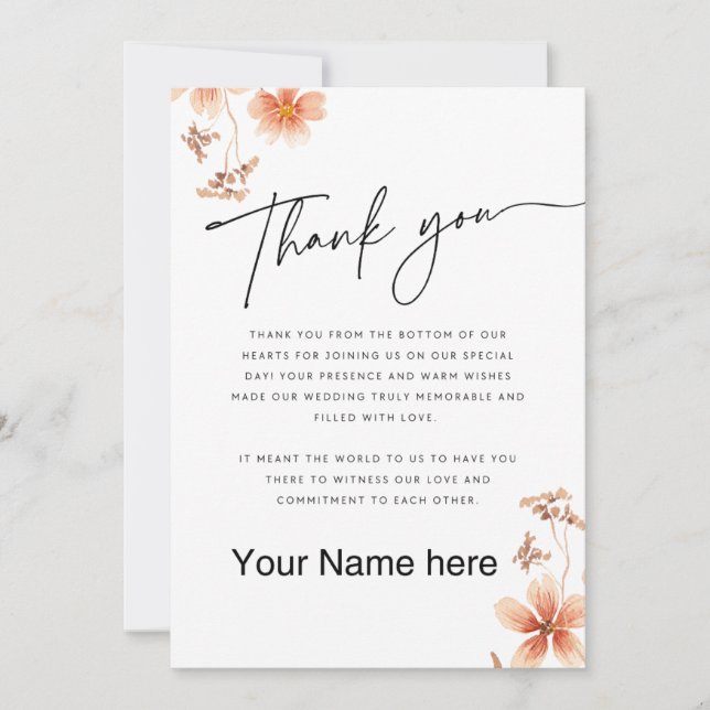 Carte De Remerciements Fleurs à l'aquarelle chaude Calligraphie Mariage (Devant)