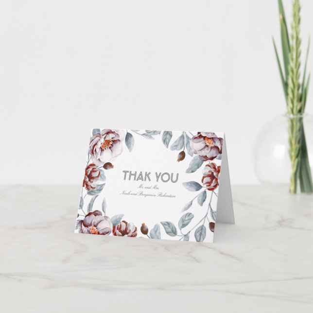Carte De Remerciements Fleurs aquarelles prune Décor Mariage Remerciement (Devant)