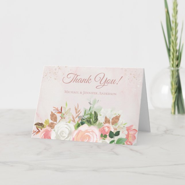 Carte De Remerciements Fleurs aquarelles rose poudré et or (Devant)