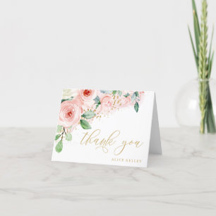 Carte De Remerciements Fleurs aquarelles roses et or personnalisées