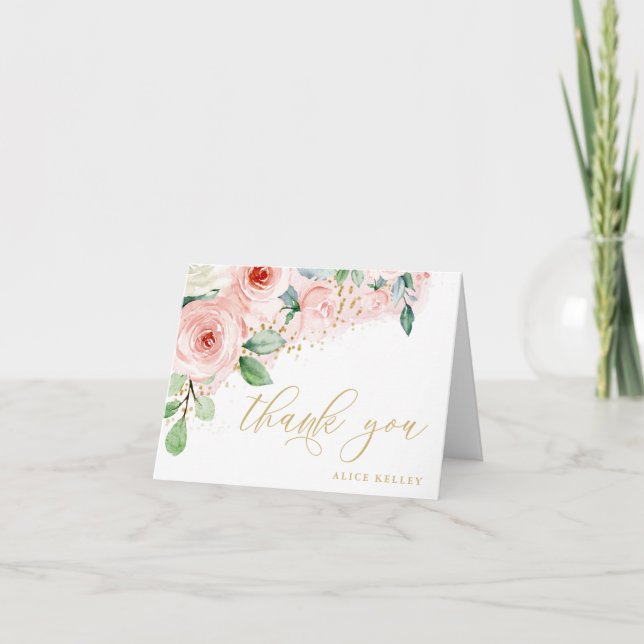 Carte De Remerciements Fleurs aquarelles roses et or personnalisées (Devant)