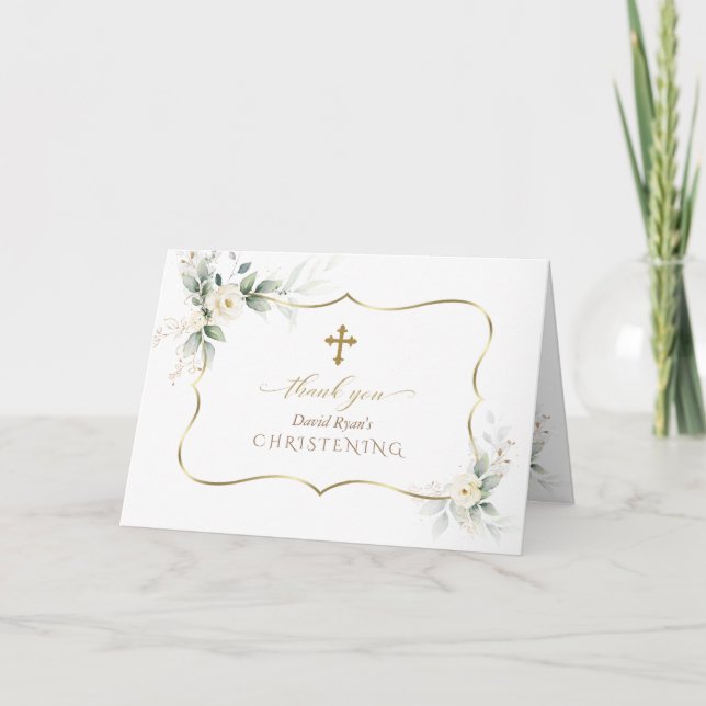 Carte De Remerciements Fleurs blanches de verdure Airy Photo Boy Christen (Devant)