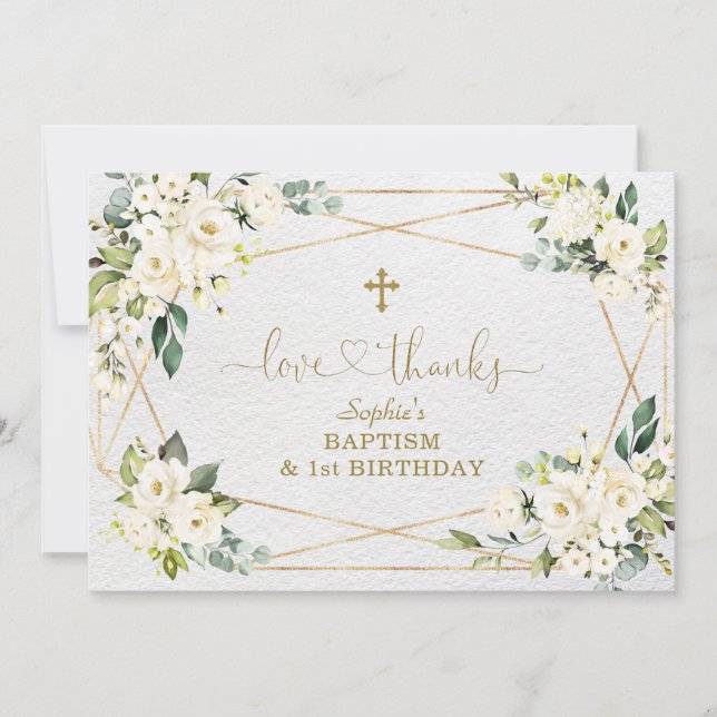 Carte De Remerciements Fleurs blanches Gold Girl 1er Anniversaire Baptême (Devant)