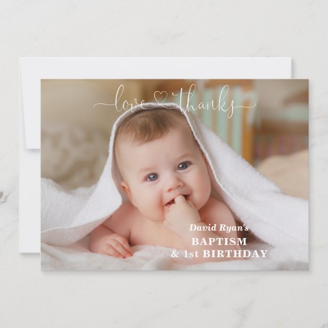 Carte De Remerciements Fleurs blanches Or Garçon Photo 1er Anniversaire B (Devant)