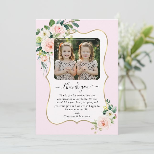 Carte De Remerciements Fleurs blanches roses Twin Girls Photo Confirmatio (Debout devant)