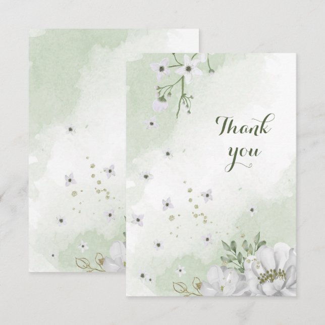 Carte De Remerciements fleurs blanches verdure (Devant / Derrière)