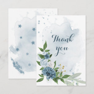 Carte De Remerciements fleurs bleues et blanches verdure