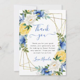 Carte De Remerciements Fleurs bleues et jaunes Cadre doré Sweet 16