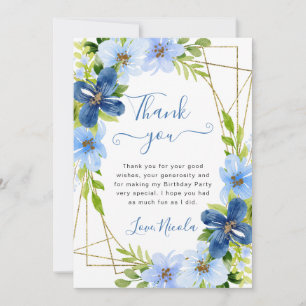 Carte De Remerciements Fleurs Bleues et Nuit Or Cadre Anniversaire