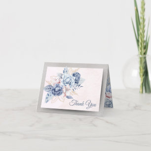 Carte De Remerciements Fleurs bleues et roses sur Mariage rose et gris
