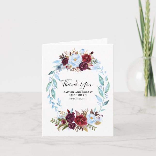Carte De Remerciements Fleurs bleues et rouges bordeaux poussiéreuses (Devant)