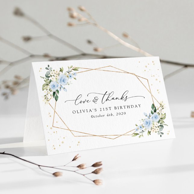 Carte De Remerciements Fleurs bleues, Fleurs blanches, Verdure, Anniversa (Créateur téléchargé)